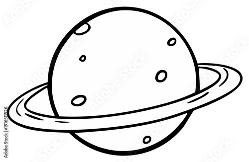 Black and white cartoon planet with ring system and asteroid impact craters