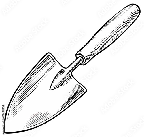 Illustration of a Gardening Trowel with a Black Outline in a Vintage Style