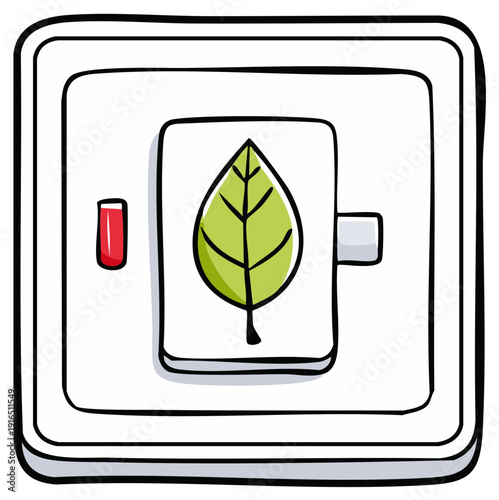 Hand-drawn illustration of a light switch with a green leaf symbol representing eco-friendly energy or environmental conservation