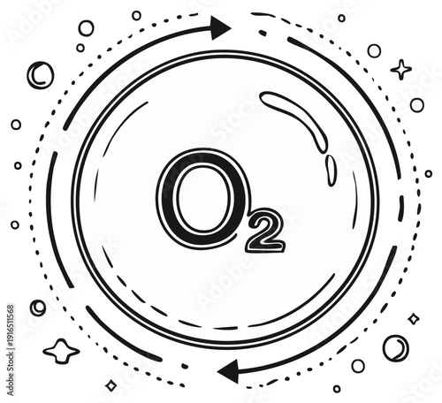 Hand drawn O2 oxygen molecule symbol with arrows in a circular flow doodle style