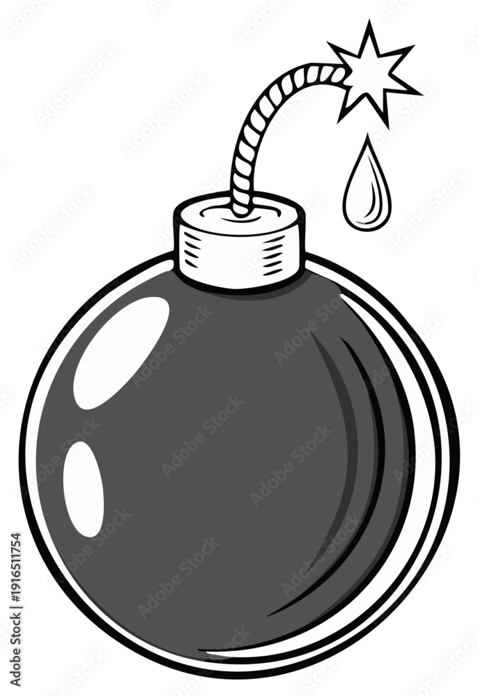 Obraz premium Cartoon bomb illustration with lit fuse and teardrop graphic element for design.
