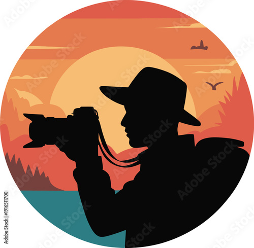 Nature Photographer Silhouette At Sunset Circular Logo