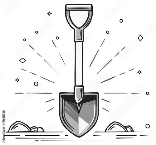 Illustration of a black and white shovel, digging tool, construction equipment, with starburst design