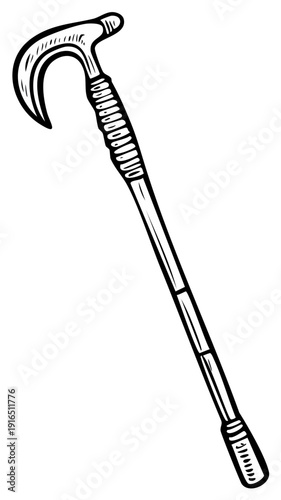 Hand drawn illustration of a unique hooked walking cane with textured grip