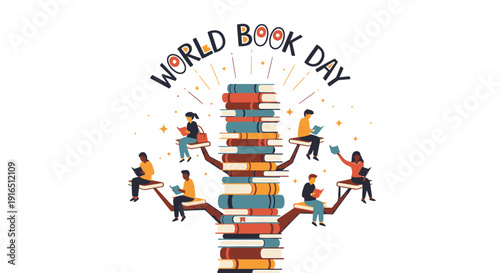 World Book Day icon collection. Includes literacy, education, reading, books, and people symbols. Created in colorful style with vibrant palette.