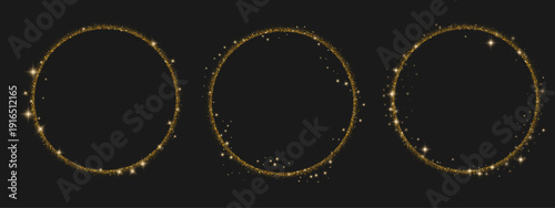 Gold glitter circle frames set. Three ring borders of sparkling dust particles. Star bursts, shimmer dots, bright flares on black background. Luxury invitation. Vector elements.