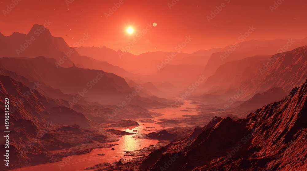 Fototapeta premium A stark black-and-red canyon landscape with impossible depth under an alien sun.