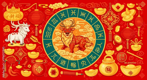 Vibrant red Chinese New Year illustration with ox zodiac and auspicious symbols, traditional cultural celebration.