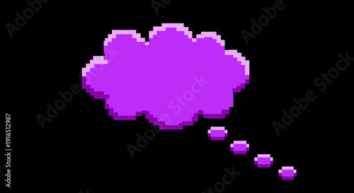 Pixel art style purple thought bubble with dots on black background, isolated digital design element.