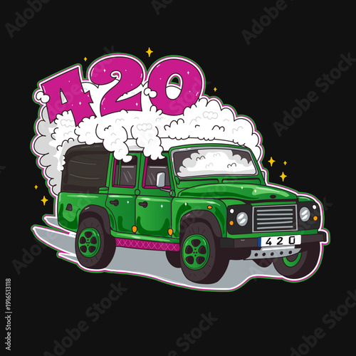 A fictitious car with smoke coming out of the windows. A moving car with the number 420 written on it. Vector cartoon illustration. Weed, 420, marijuana, cannabis t-shirt print, poster