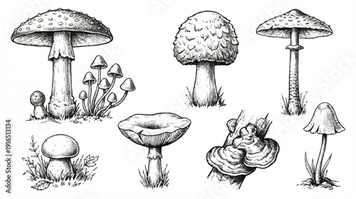 A set of various mushroom illustrations in black and white