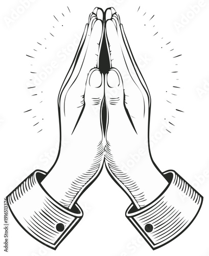Hands pressed together in prayer with a halo of light above them in a classic drawing style
