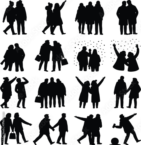 Silhouettes of People in Winter Clothing Outdoors Set