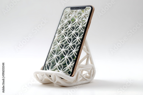 Modern smartphone on innovative 3D printed stand with geometric design