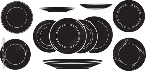 Black and white dinner plates and bowls illustration set