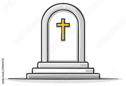 Arched stone monument with gold Christian cross symbol on steps, solemn memorial