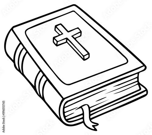 Illustrated book with religious cross on cover and ribbon bookmark