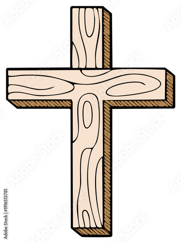 Simple Wooden Christian Cross Religious Symbol with Wood Grain Texture and Shadow