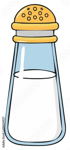 Salt shaker cartoon illustration, glass container with condiment and yellow lid