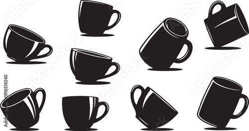Collection of black coffee cups in various positions illustration