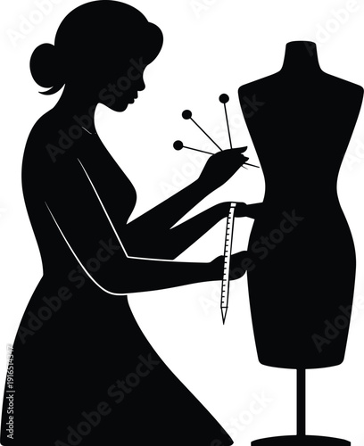 Fashion designer silhouette working on dress form with pins and measuring tape, tailoring and clothing design concept isolated on light background vector illustration
