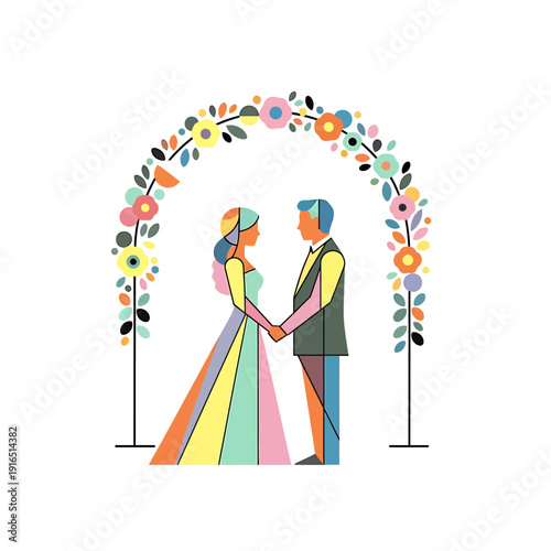 Vibrant geometric illustration of a loving couple exchanging vows under a beautiful floral wedding arch, symbolizing new beginnings and unity on their special day