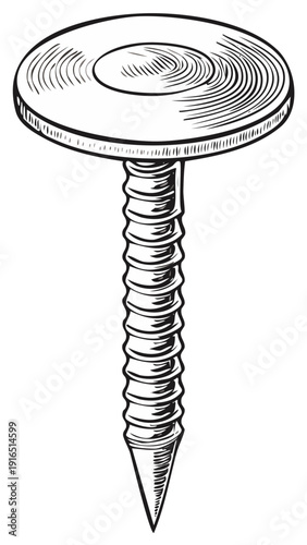 Close-up black and white illustration of a thumbtack with textured detail and sharp point