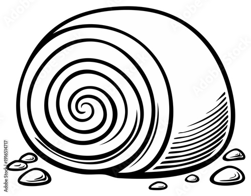 Cartoon drawing of a hay bale with a spiral design and small rocks, illustration.
