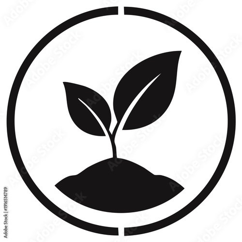 Sprout emerging from soil in round frame icon with green leaves, plant growth and agriculture black and white illustration, plant life, vector icon.