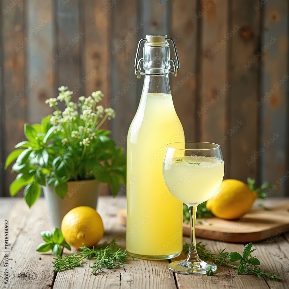 Fototapeta premium Bottle and glass of fresh lemonade with lemons and herbs on rustic wood table. Refreshing cold drink for summer thirst. Healthy homemade beverage preparation with citrus.