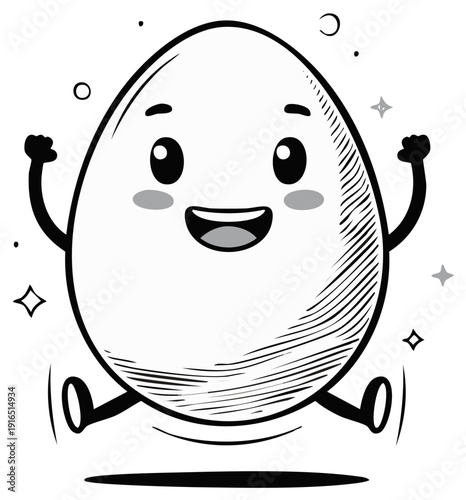 Excited cartoon egg character jumping with joy and happy expression