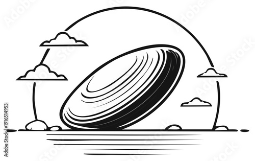 Stylized illustration of a large clam shell resting on sand with a stylized sun and clouds above