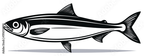 Stylized black and white illustration of a fresh fish with sleek body