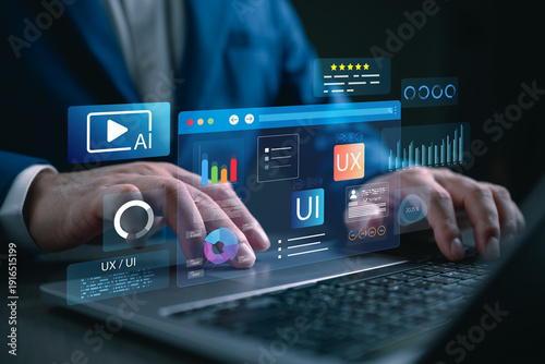 Businessman with AI powered UX UI dashboard interface, analytics charts and performance metrics. Concept of artificial intelligence, data analysis, user experience design, digital transformation.