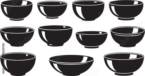 Black Bowls Arranged in Rows on White Background Illustration