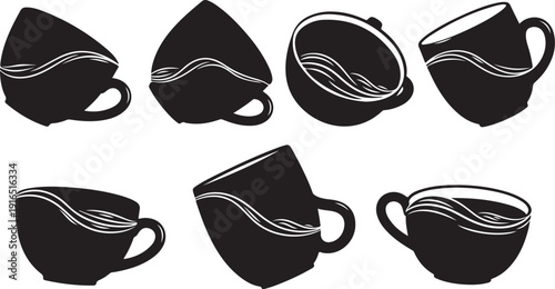 Collection of black coffee cups with white wave designs