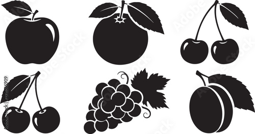 Black and white fruit icons on clean background