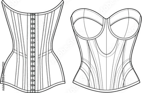 Full coverage underwire bra technical fashion flat sketch cad drawing vector illustration, front and back view lingerie apparel design template,