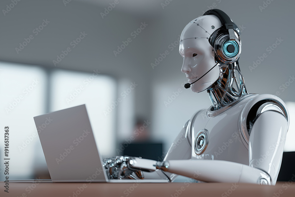 custom made wallpaper toronto digitalA futuristic white android agent wearing a headset operates a silver laptop in a bright modern office setting.