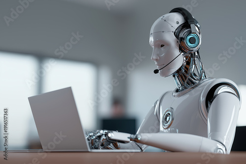 Wallpaper Mural A futuristic white android agent wearing a headset operates a silver laptop in a bright modern office setting. Torontodigital.ca