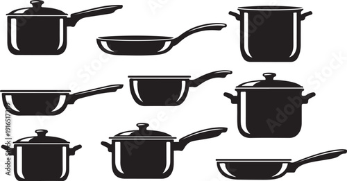 Collection of black kitchen pots and pans silhouettes