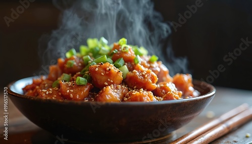 Hot steaming chicken dish in bowl. Sweet savory sauce glazed pieces garnished with green onions sesame seeds. Asian food served with chopsticks.