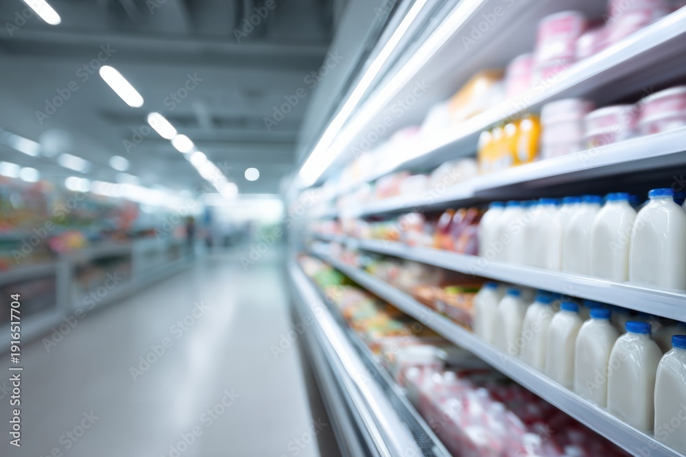 Fototapeta premium Grocery store aisle with milk and dairy products on shelves