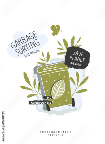 Vector hand drawn sketch of waste baskets for glass, paper, plastic or organic waste. Environmentally friendly planet concept. Think Green. Garbage sorting. Zero waste Concept.