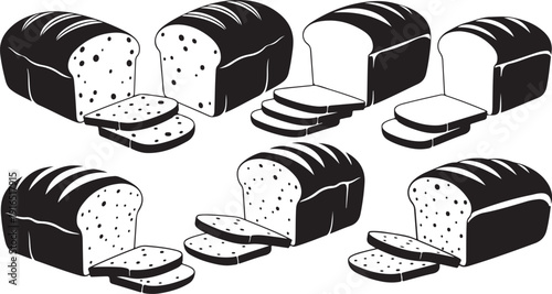 Illustration of various sliced bread loaves in black and white