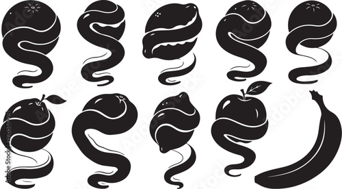 Black and white snake illustrations with fruit icons combined