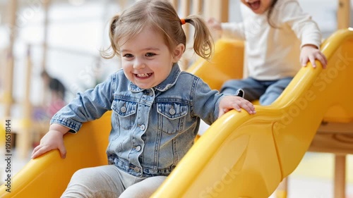 two happy little girls sliding down yellow playground slide indoors and laughing together during playtime