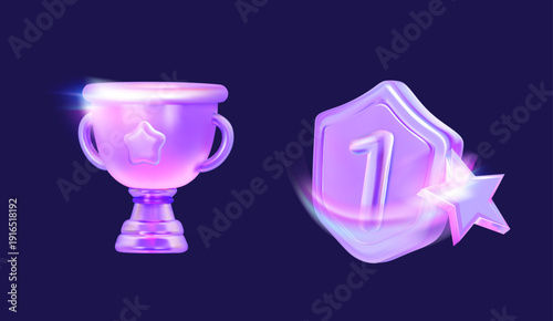 3D vector trophy cup and first place medal icon set. Concept of victory, gamification rewards, business achievement and sports leadership. Isolated on dark background.