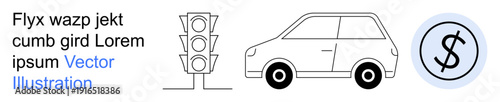 Transportation, road safety, automotive industry, economics, finance, urban planning. A traffic light, car and currency symbol in clean design. Transportation and road safety theme