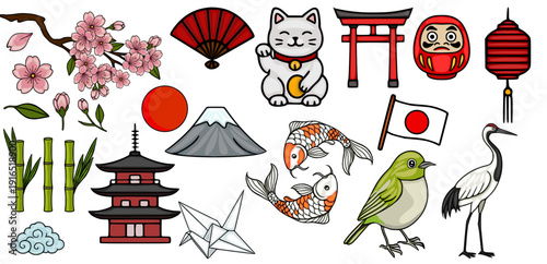 Set of Japanese cultural icons vector illustration with cherry blossoms, koi fish, and Mount Fuji